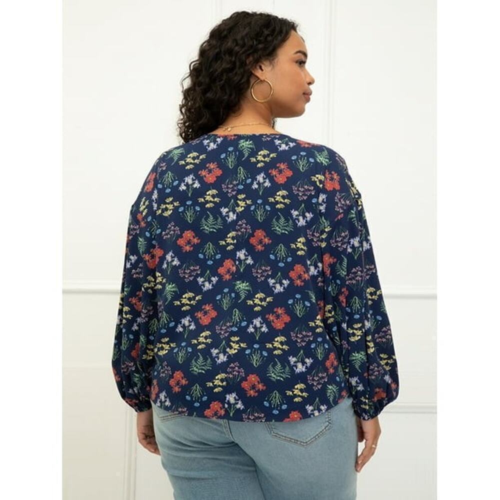 Eloquii Size 24 Elements Floral Print Balloon Sleeve Blouse Top Blue - Picture 2 of 7
